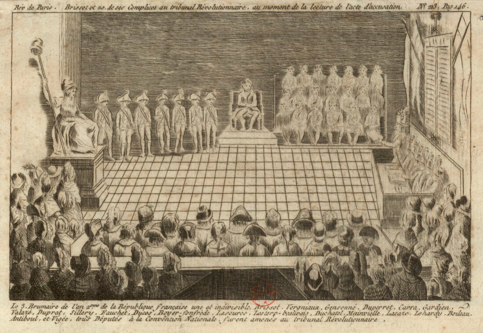Period engraving of the Girondin deputies standing before the French Revolutionary Tribunal in 1793, a crowded courtroom with judges on a dais, guards, and a statue of Justice at the left.