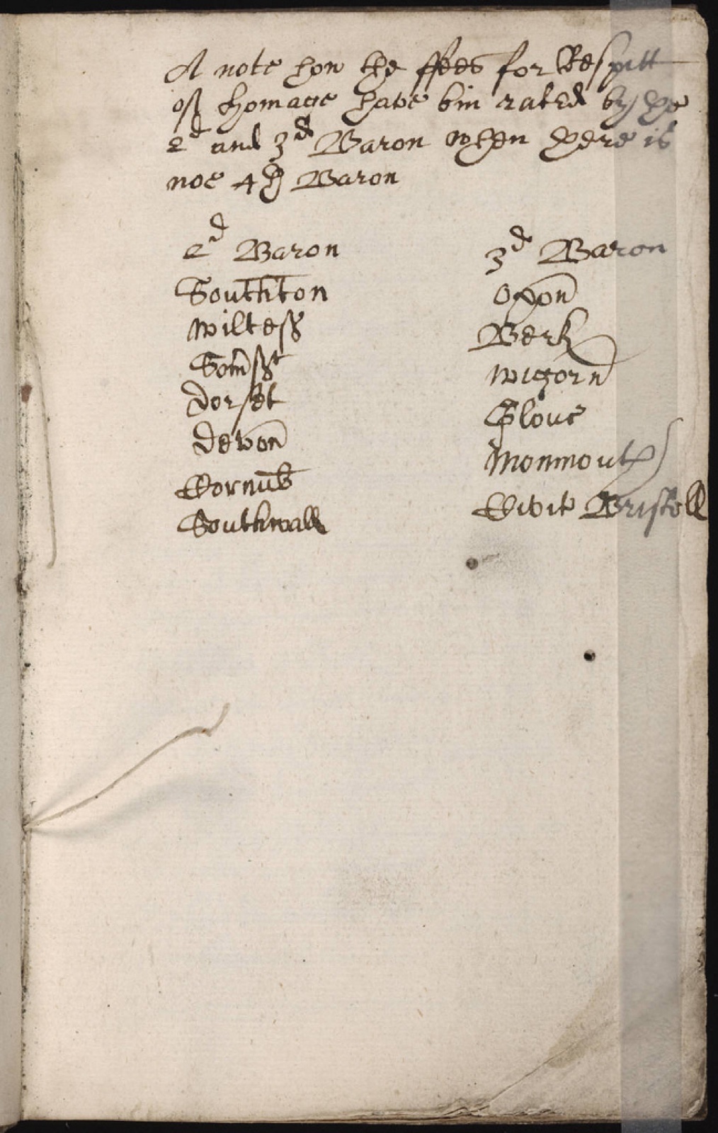 A handwritten page from a 1620s commonplace book, with a note and a two-column list of English county names in ink.