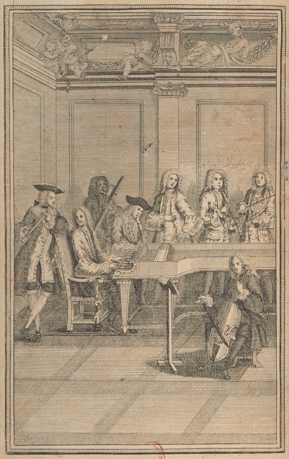 An eighteenth-century engraved frontispiece showing a small ensemble in a panelled room: a player at a harpsichord, a bowed bass instrument, flutes and a violin.