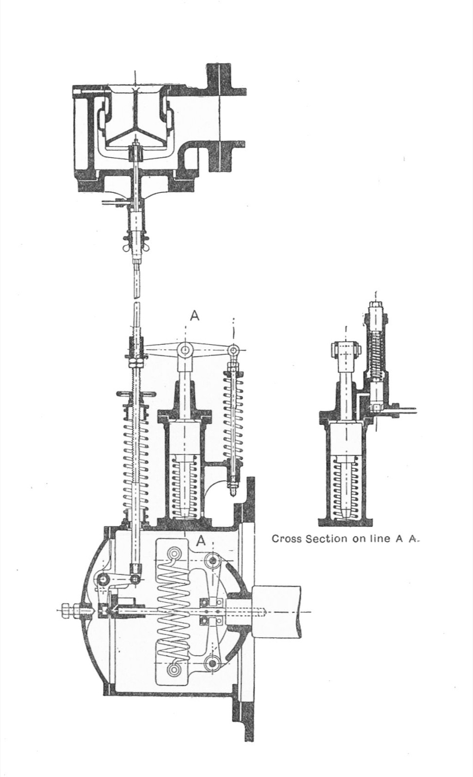 Engraving of a centrifugal governor: a vertical rotating spindle with two hinged arms, each ending in a heavy ball, that swing outward as the spindle turns faster and pull a linkage that throttles the engine.