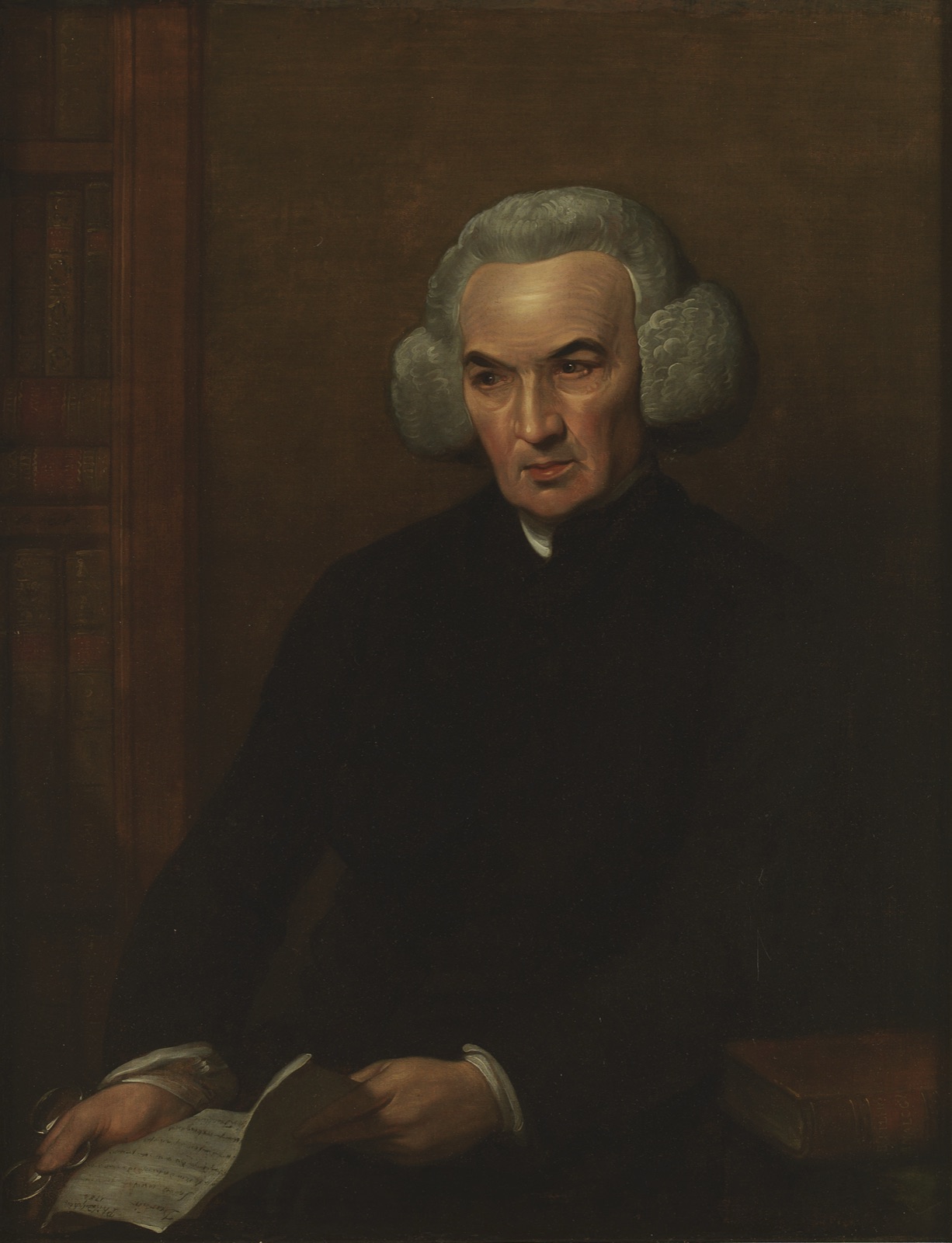 Oil portrait of Richard Price in a grey wig and black clerical dress, holding a letter and spectacles, with a bookshelf behind him; painted by Benjamin West.