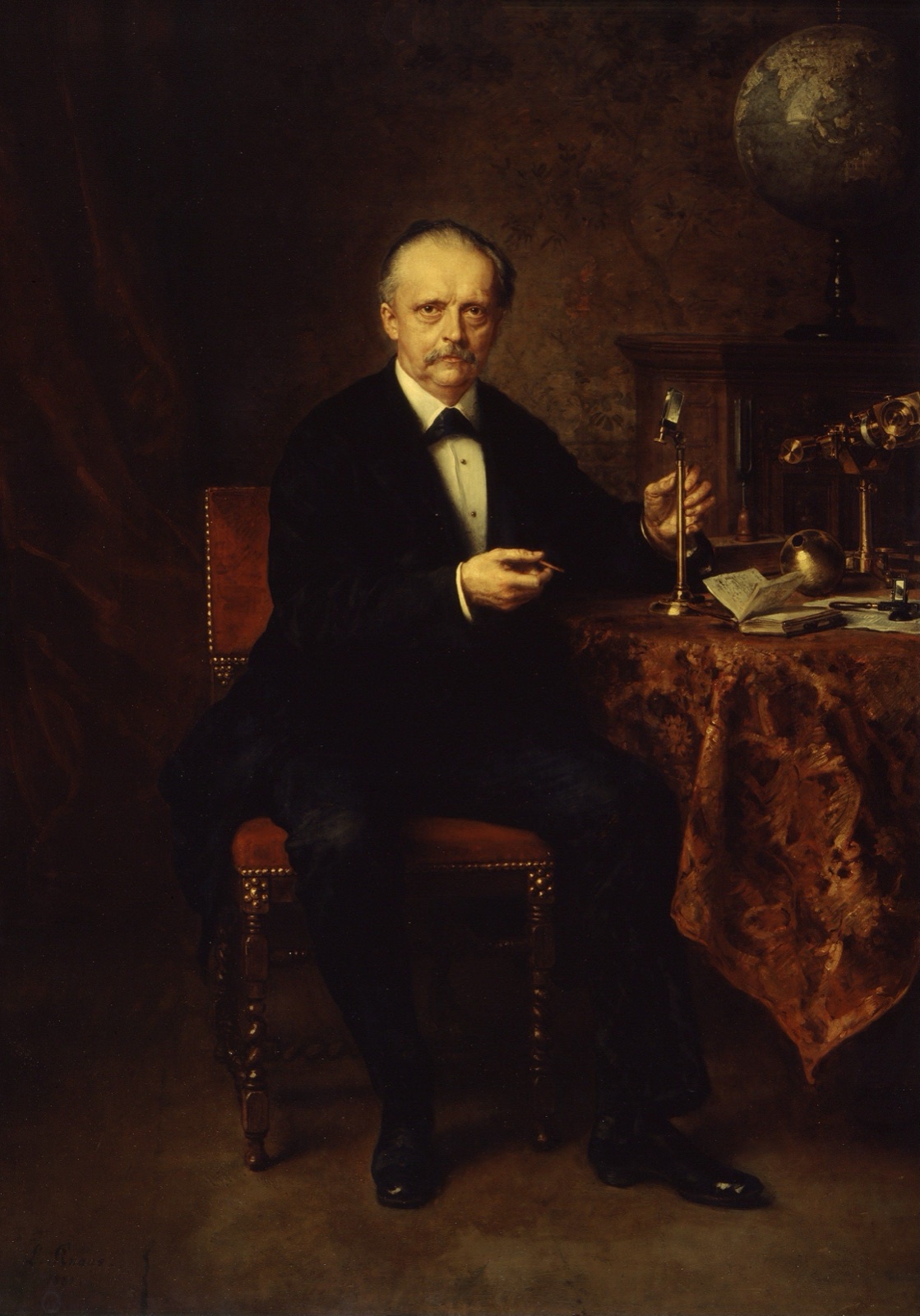 Oil portrait of Hermann von Helmholtz seated beside a table of scientific instruments and a globe, painted by Ludwig Knaus in 1881.