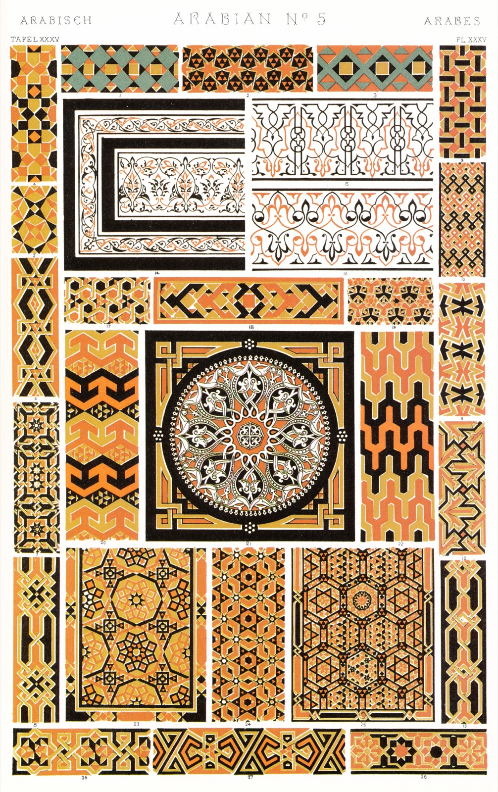 A colour lithograph plate of intricate, symmetrical geometric ornament — interlacing lines and repeated floral and lattice motifs — from Owen Jones's 1868 The Grammar of Ornament.