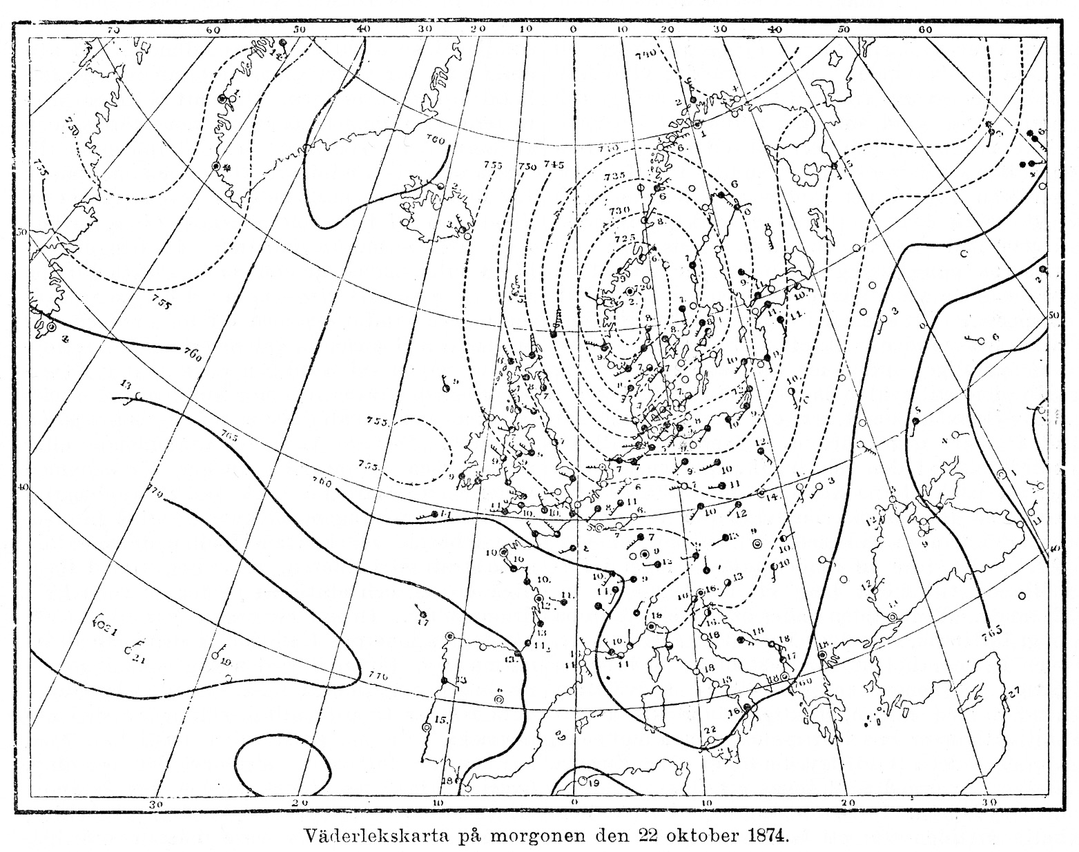 An antique black-and-white engraved weather chart from 1874: a regional map overlaid with curved isobar lines and small symbols marking air pressure and wind at scattered observing stations.