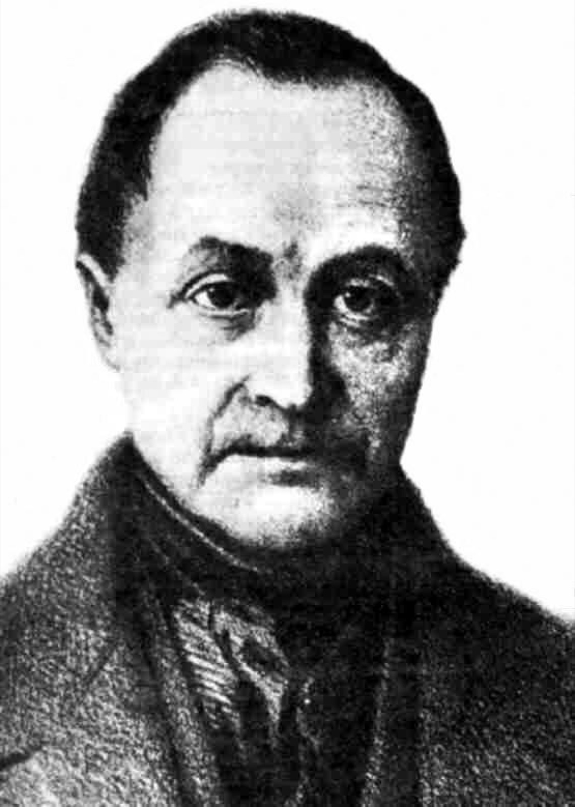 A close-cropped black-and-white portrait of the philosopher Auguste Comte in a dark coat and cravat.